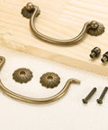 Four Brass Drawer Pulls And Knobs Set With Double Mounting Holes In Vintage Flower Ring Design 4.13 Inch includes screws bronze