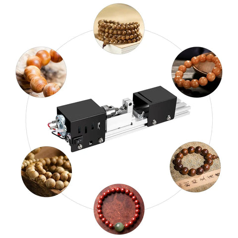 Mini Lathe Beads Polisher With Aluminum Alloy Body Offers 7 Speed Settings Up To 8000Rpm for wood crafting with various bead samples.