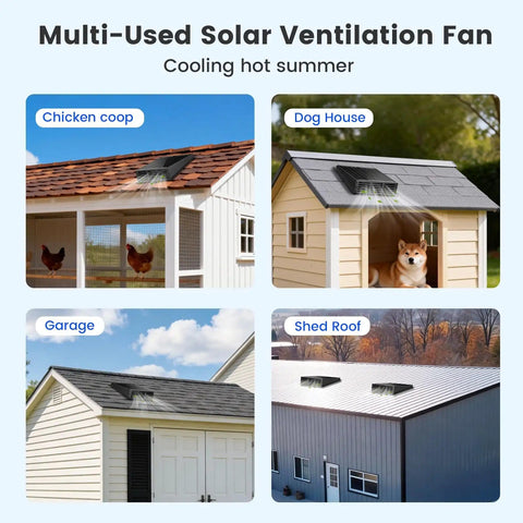 Solar Powered 25W Exhaust Fan For Chicken Coop And Greenhouse 430CFM Cooling IP67 on various roofs chicken coop dog house