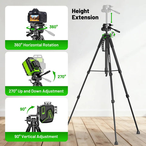 68 Inch Adjustable Laser Level Tripod With One Quarter And Five Eighth Inch Mounts Heavy Duty Portable Stand 3 Way Pan Head With 360 Degree Rotation And 90 Degree Tilt Built In Bubble Level Phone Holder Ideal Dad Gift. Black tripod with laser level and phone holder, showing 360° rotation and height extension.