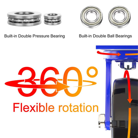 Heavy Duty Swivel Caster Wheels Set Of 4 Rolling Like A Dream With Dual Locking Brakes showing double pressure and ball bearings.