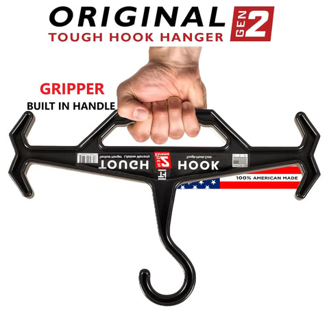 Beast Mode Heavy Duty Hanger For Police Gear Scuba BCD And Wetsuits shown with gripper handle in use, USA made