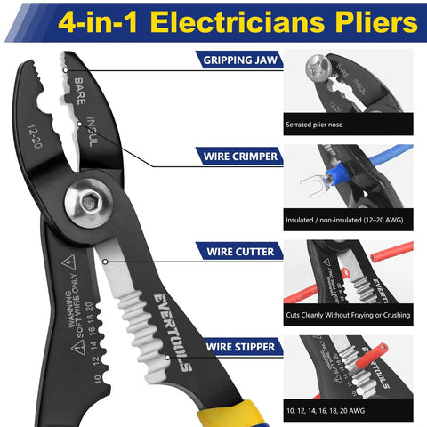 4 In 1 Wire Stripper And Crimping Pliers For Quick Clamping Cutting Stripping And Crimping 10-20 AWG Wires features diagram.