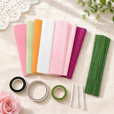 No Fuss Crepe Paper Flower DIY Kit With Stem Wire Tape And Glue Sticks For Easy Peasy Paper Flower Creations Classroom Crafts And Beautiful Floral Bouquets For Beginners, crepe paper rolls, stem wires, floral tape, glue sticks