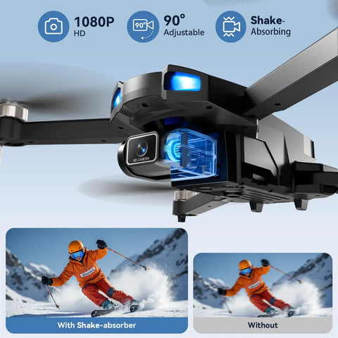 Close-up of 1080P HD FPV Drone With Camera For Beginners And Kids Foldable Quadcopter With Auto Hover, ski descent comparison images visible