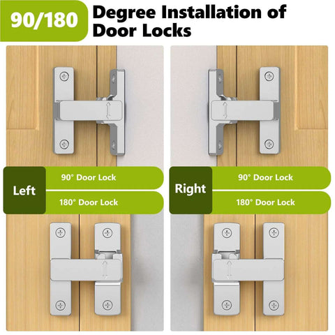 Barn Door Lock 90 And 180 Degree Zinc Alloy Hardware Sliding Lock Heavy Duty Flip Safety Latch shown installed on wooden doors.