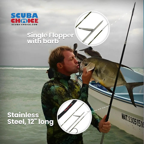 Man holding Carbon Fiber Pole Spear 7 Foot Travel 3-Piece With Single Flopper Tip Black for Spearfishing and Diving