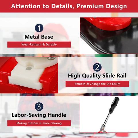 Top Tier Button Maker Machine For Making Dope Badges Slick Badge Press Kit With Three Sizes showing metal base, slide rail, and handle.