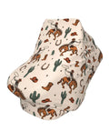 All In One Baby Car Seat Canopy And Nursing Cover, Breathable Multi Use Shield with cowboy print, fitted over a car seat