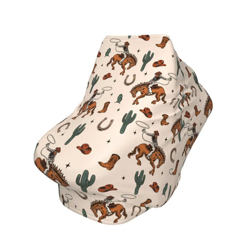 All In One Baby Car Seat Canopy And Nursing Cover, Breathable Multi Use Shield with cowboy print, fitted over a car seat