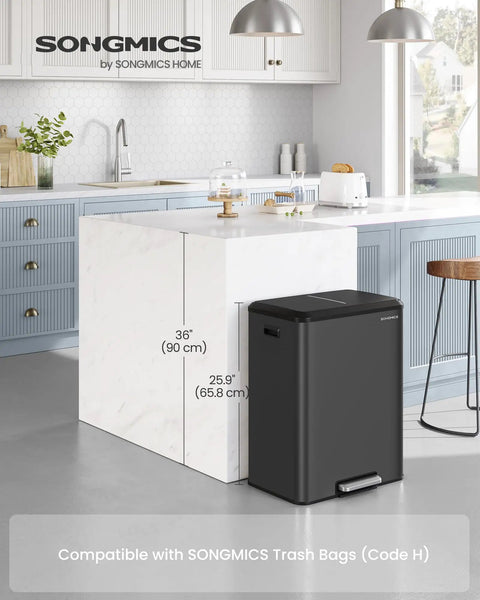 Two Compartment 8 Gallon Stainless Steel Trash Can With Soft Close Lid, Dual 30 Liter Bins For Recycling And Waste, Ink Black Kitchen Organizer