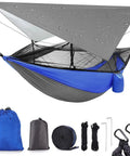 Go To Camping Hammock With Mosquito Net And Rain Fly Portable Nylon Hammock Tent With Tree Straps And Storage Bag Blue setup