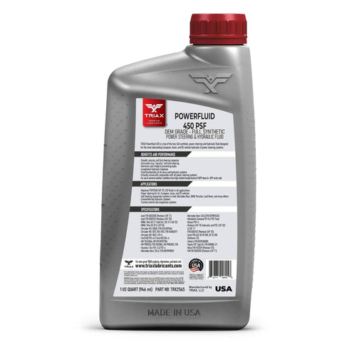 Long Life Synthetic Hydraulic And Power Steering Fluid For European US And Asian Cars 1 Quart bottle with red cap
