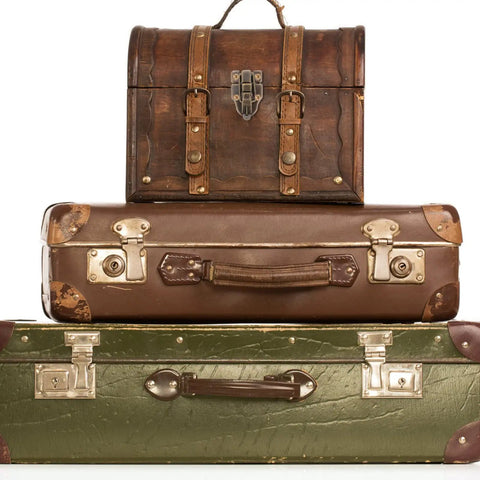 Stacked vintage suitcases with Retro Duckbilled Toggle Hasp Latch And Antique Padlock Kit For Small Jewelry Boxes And Cabinets Bronze Finish