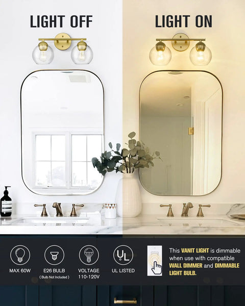 Gold Finish 2 Light Bathroom Vanity Light Over Mirror With Clear Glass Globe Shades, modern elegant bath fixture, light off and on.
