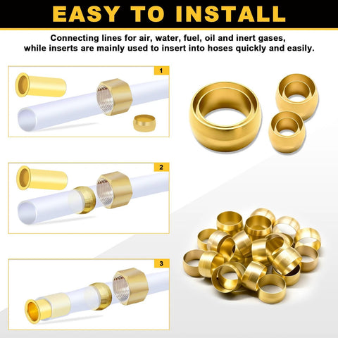 Front view: set of 25 brass compression ferrules for 5/8 in tubing; installation steps and assorted ferrules