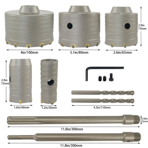 9 Piece Tough As Nails Sds Plus Concrete Hole Saw Kit With Premium Tungsten Carbide Tips including various sizes and accessories.