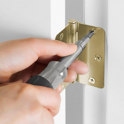 Built To Last Heavy Duty Black Wood Screws Size Nine By Three Inch For Door Hinges 25 Pack Alloy Steel Construction For Interior Exterior Use That Match Common Hinge Finishes Great For Solid Core Wood And Metal Doors. Hand tightening black screw in brass door hinge, 3-inch alloy steel.