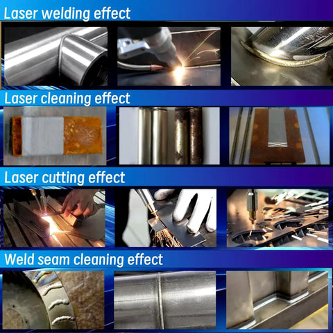 3000W Laser Welder Beast Mode 4 In One System For Metal showcases welding, cleaning, cutting, and seam finishing effects.