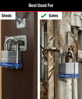 Outdoor Padlock With Key, 2 Pack Keyed Alike, Heavy Duty Weatherproof Lock securing shed and gate, laminated steel body visible.