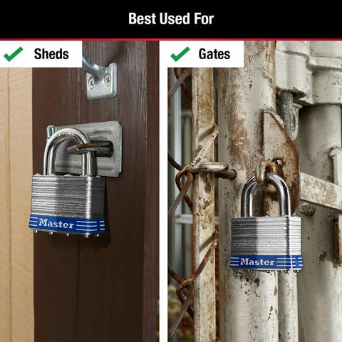 Outdoor Padlock With Key, 2 Pack Keyed Alike, Heavy Duty Weatherproof Lock securing shed and gate, laminated steel body visible.