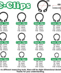 Diagram showing various sizes of C-Clips from 5mm to 16mm in Must Have Snap Ring Kit 900Pcs E Clips And C Clips Assortment Set.