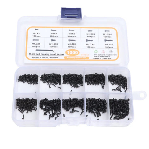 Self Tapping Screws Set Carbon Steel Miniature Screws With Cross Pan Head And Deep Threads 1000Pcs In 10 Sizes Includes Tweezers Storage Box