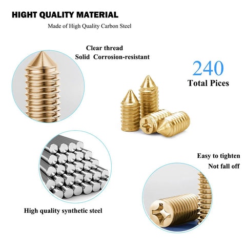240 Pcs Nickel Plated Tip Screws For Leather Accessories DIY Ready Kit In 12 Sizes M2x3 To M3x8 Cross Slot Belt Screws Gold Tone