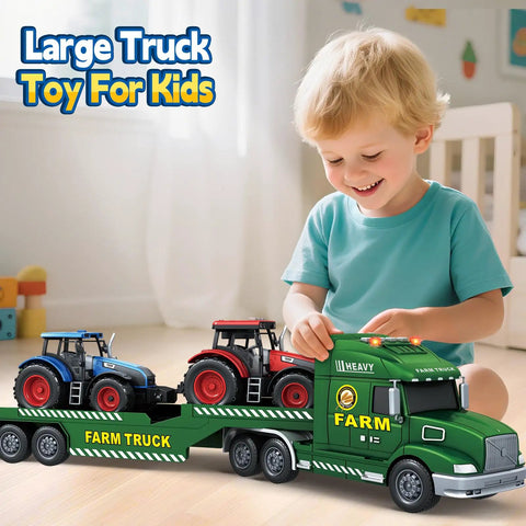 Child playing with 25 Inch Farm Truck Toy For Kids 3 In 1 Vehicle With Tractors Lights And Sounds Huge Farm Playset For Ages 3 To 8 Boys