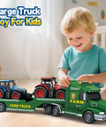 Child playing with Farm Truck Toy Set For Toddlers And Kids Aged 3 To 7 Includes 27 Inch Semi Flatbed Truck And Two Tractors Friction Powered With Lights And Sounds Perfect Birthday Gift For Boys And Girls.