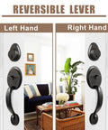 Oil-Rubbed Bronze Front Door Lock Set with Double Handles and Dummy Front Door Handles, shown on left and right doors.