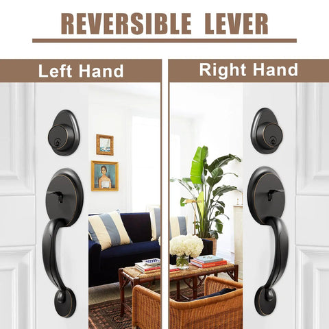 Oil-Rubbed Bronze Front Door Lock Set with Double Handles and Dummy Front Door Handles, shown on left and right doors.