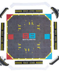 Hella Entertaining BattleBots Arena Remote Control Robot Building Kit With Twenty Plus Pieces Boss Level STEM Project For Girls Boys Seven Plus Totally Sick Combat Action Set, top view of battle arena with obstacles and features.