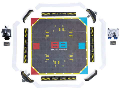 Hella Entertaining BattleBots Arena Remote Control Robot Building Kit With Twenty Plus Pieces Boss Level STEM Project For Girls Boys Seven Plus Totally Sick Combat Action Set, top view of battle arena with obstacles and features.