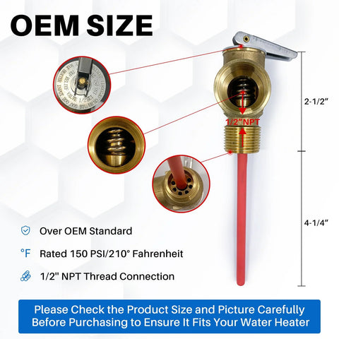 RV water heater temperature and pressure relief valve, brass, 1/2" NPT, extended probe, 150 PSI/210°F