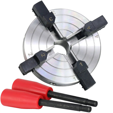 4 Inch Wood Lathe Chuck With 4 Jaws Self Centering For Woodturning, Steel Construction With 1 x 8TPI Thread, dual levers shown
