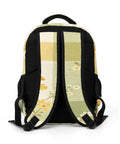 Yellow Green Plaid Floral Print Backpack For Everyday Use, unisex large capacity daypack, back view showing shoulder straps.