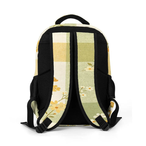 Yellow Green Plaid Floral Print Backpack For Everyday Use, unisex large capacity daypack, back view showing shoulder straps.
