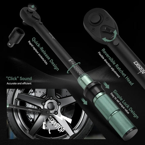 Nine Piece Pro Grade Click Torque Wrench Set With Quarter Three Eighths And Half Inch Drives, featuring quick-release design