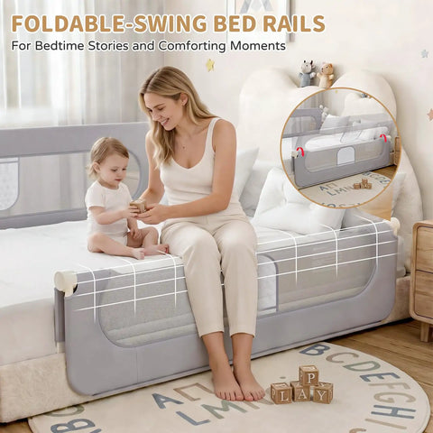Toddler Bed Rail Guard, 47 Inch Foldable Bed Rail For Baby with Reinforced Carbon Steel Frame shown in use on a bed