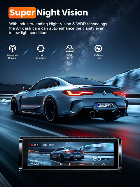 Sports car driving with speed overlay on 4K Front And Rear Dash Cam With Built-In 5G WiFi GPS, 64GB Included, 3.59 Inch IPS Screen.