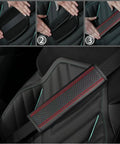 Upgrade Your Ride With This Six Piece Car Accessory Kit Packing A Slick Microfiber Steering Wheel Cover Comfy Seat Belt Pads A Soft Armrest Pad And Two Sharp Red Cup Coasters That Seriously Slap On Any Dash. Close-up of comfy black seat belt pad with red accents in car.