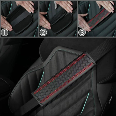Upgrade Your Ride With This Six Piece Car Accessory Kit Packing A Slick Microfiber Steering Wheel Cover Comfy Seat Belt Pads A Soft Armrest Pad And Two Sharp Red Cup Coasters That Seriously Slap On Any Dash. Close-up of comfy black seat belt pad with red accents in car.