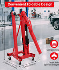 Pro 2 Ton Hydraulic Engine Hoist 4400 Lb Folding Shop Crane with adjustable telescoping boom and dual wheel casters in a garage.