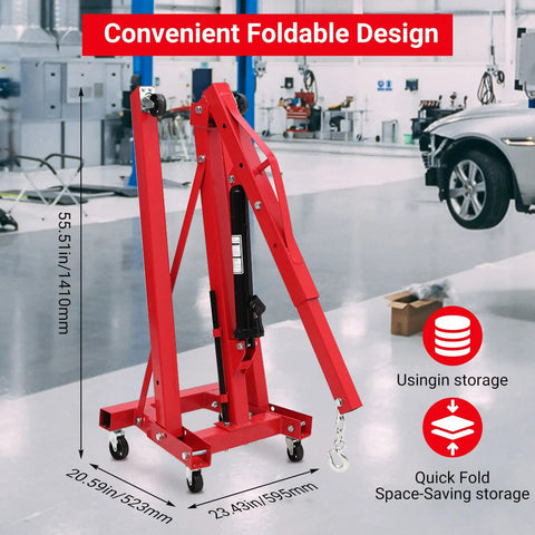 Pro 2 Ton Hydraulic Engine Hoist 4400 Lb Folding Shop Crane with adjustable telescoping boom and dual wheel casters in a garage.