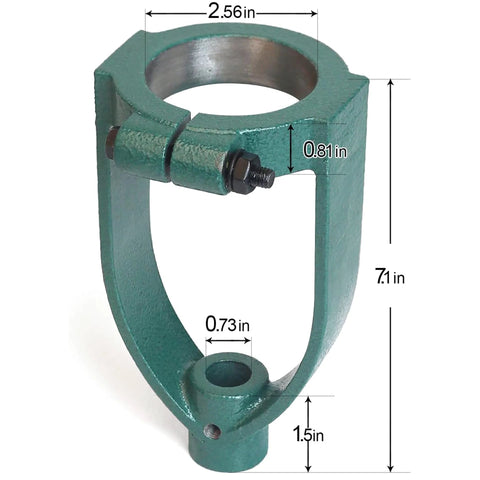 Amazon brand mortising attachment for drill press; green steel clamp with mounting bolt.