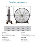 Heavy Hitter Industrial Floor Fan Rock Solid Steel Frame With Thermally Protected Motor technical parameters chart including dimensions and specifications.
