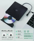 Ultra Slim External CD DVD Drive Type C 3.0, Plug And Play Portable Optical Drive, 13mm Thick, Travel Friendly For Laptops And Desktops, No Power Adapter Needed, black USB-C drive with disc inserted and laptop cable