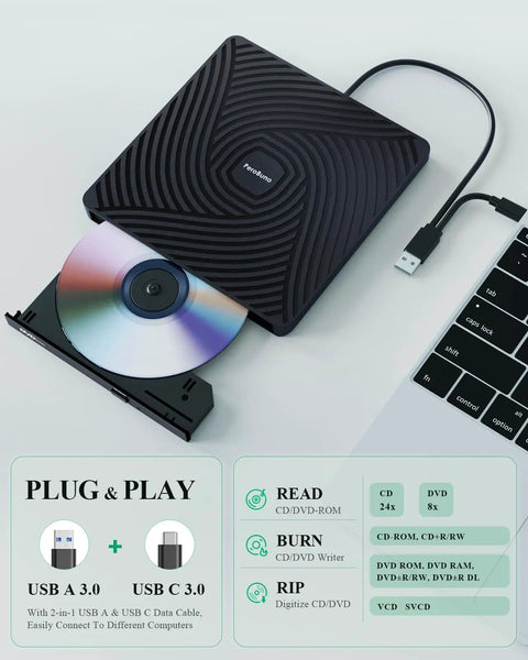Ultra Slim External CD DVD Drive Type C 3.0, Plug And Play Portable Optical Drive, 13mm Thick, Travel Friendly For Laptops And Desktops, No Power Adapter Needed, black USB-C drive with disc inserted and laptop cable