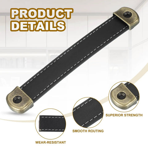 Black Leather Strap Cabinet Handles Set Of 2 With Solid Iron Sheet 5 6 Inch Industrial Drawer Pulls featuring detailed design and stitching.
